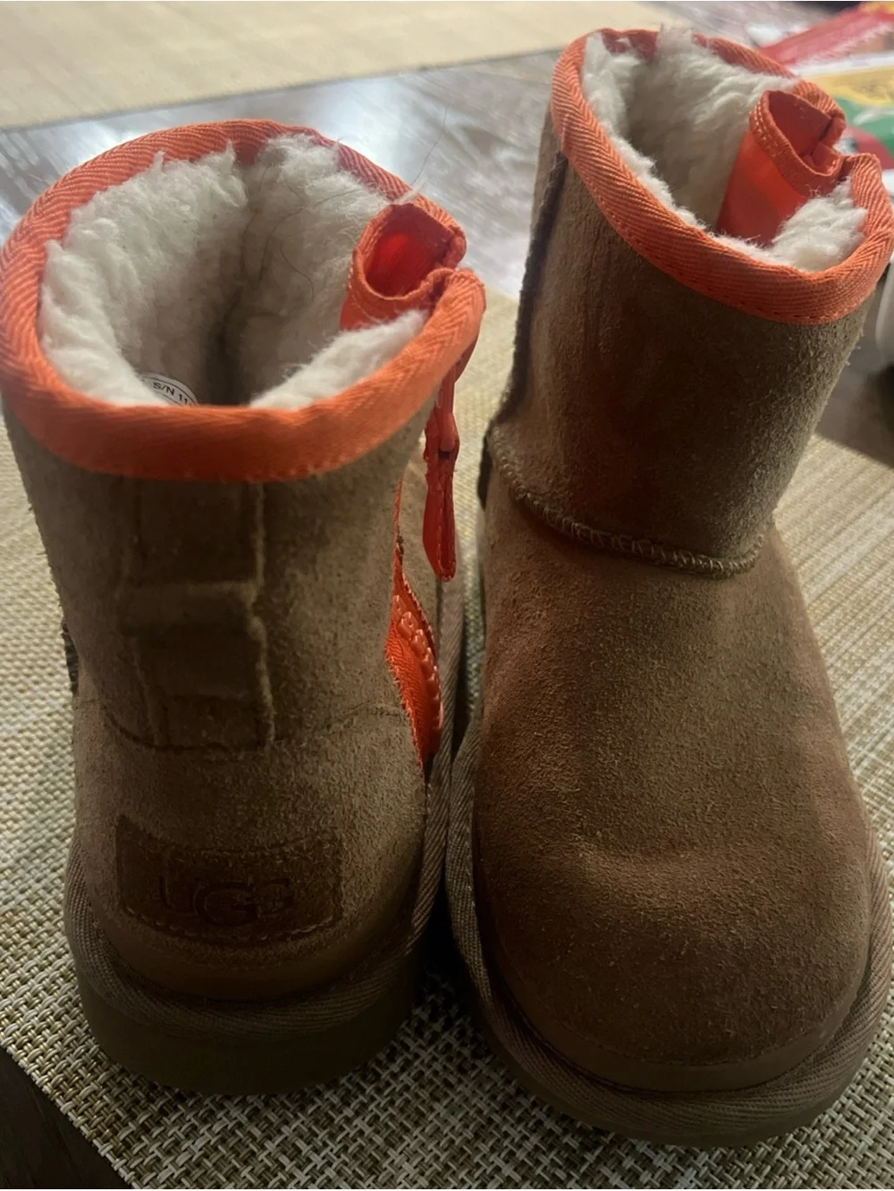 UGG Kids Chestnut Suede Boots with Orange Trim